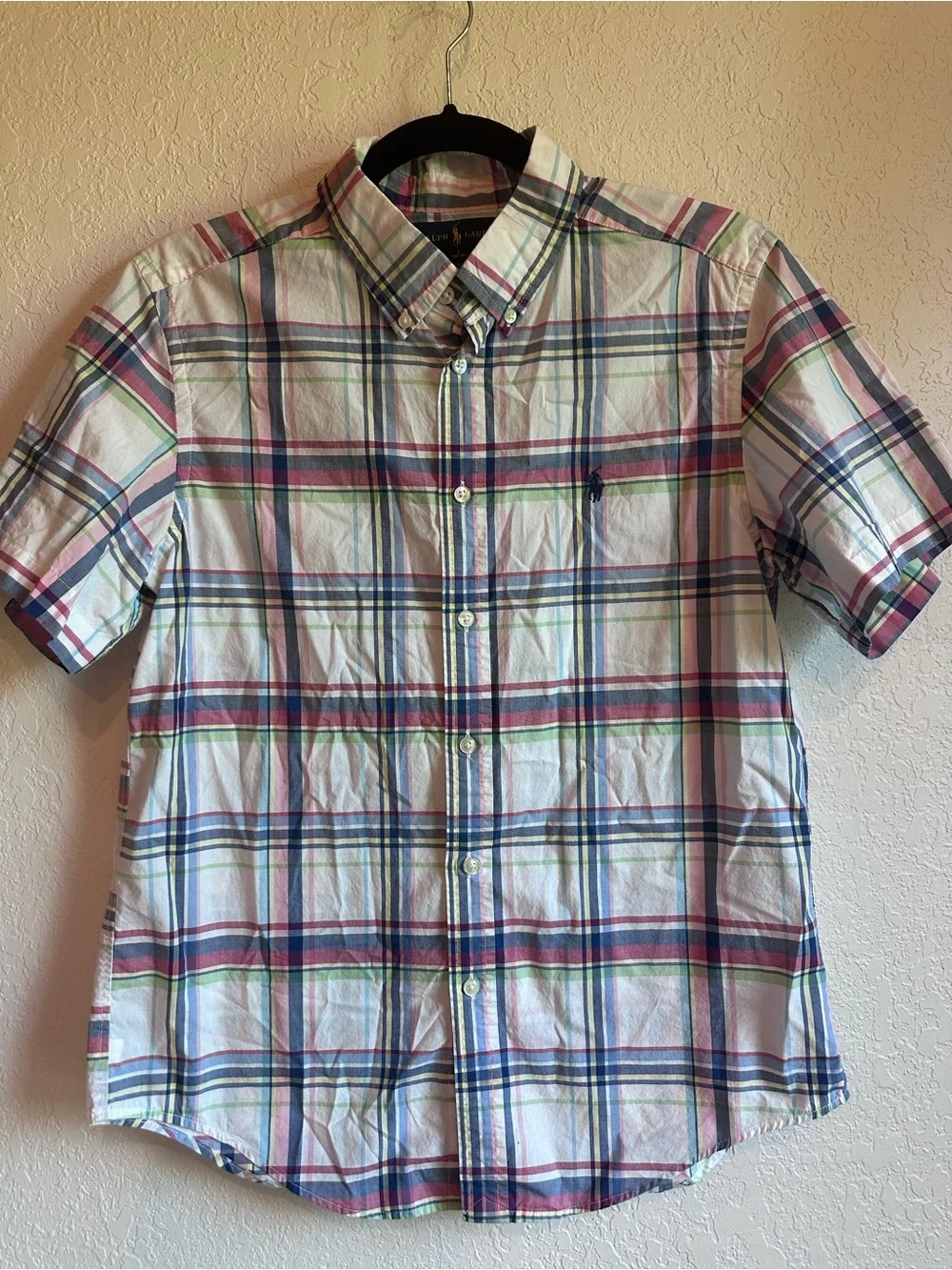 Boy’s L/women’s size small Short-Sleeve Plaid Button-Down Shirt - White Multi